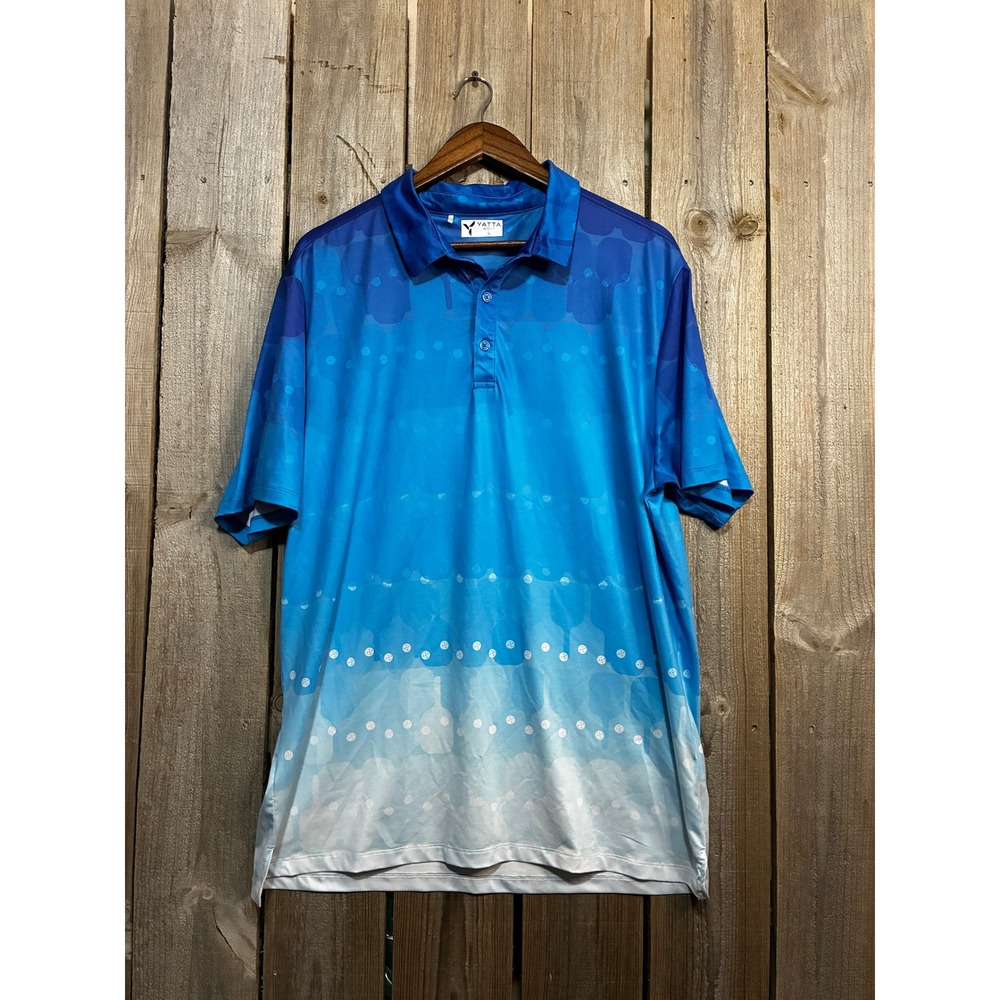 Yatta Golf Mens Blue Ombre Pickleball Paddle Print Performance Polo Shirt L